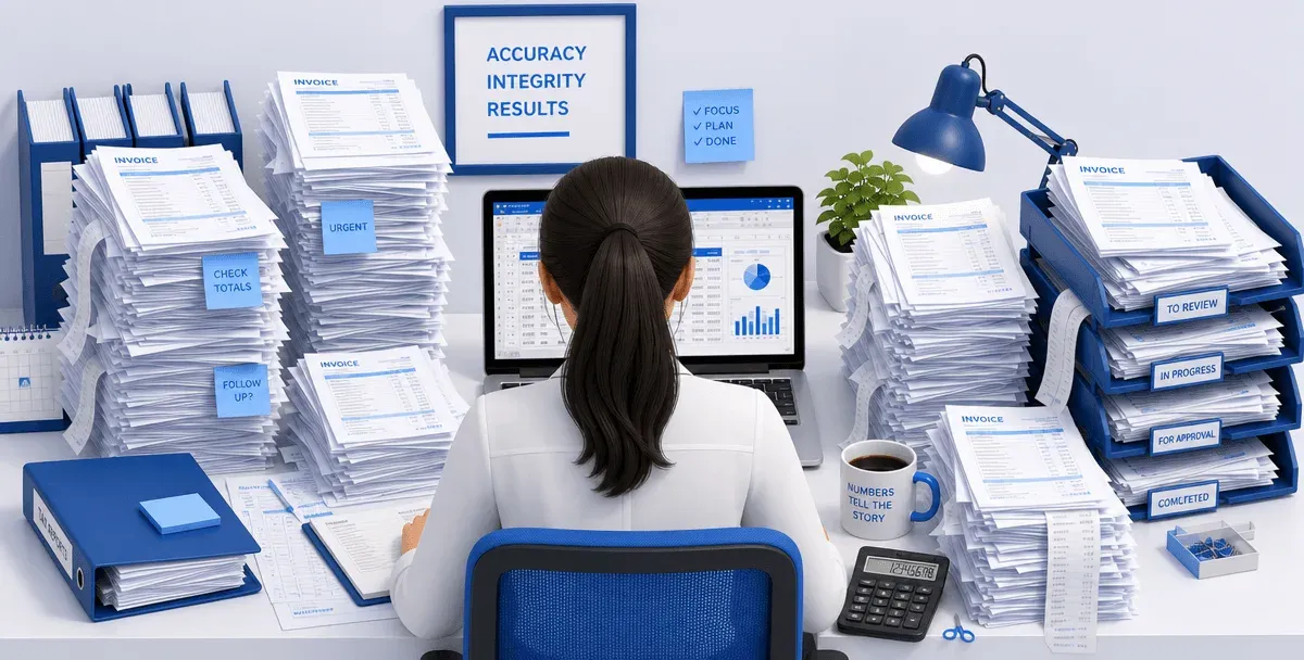 Accountant surrounded by invoice stacks and bookkeeping paperwork