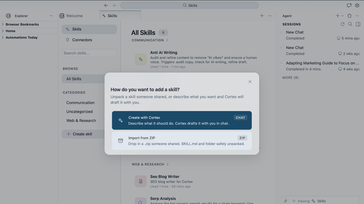 Import a Markdown or ZIP file to create a skill